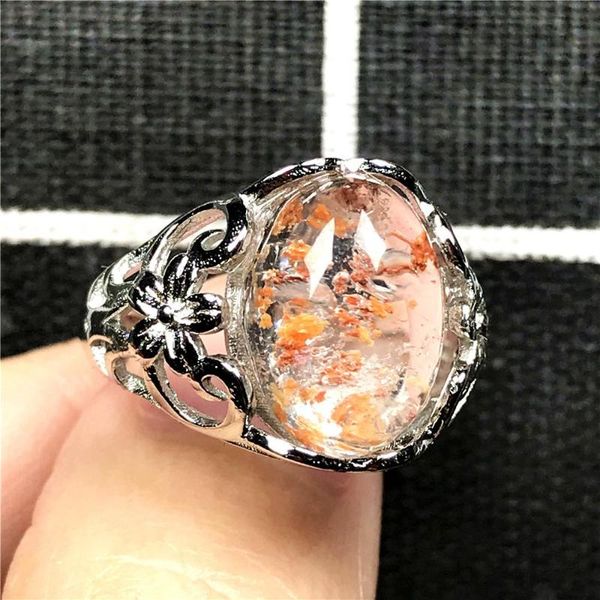 

cluster rings 16x10mm real natural ghost phantom quartz crystal ring jewelry for woman lady man love beads garden silver adjustable, Golden;silver