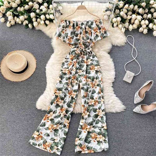 Ins Estilo de férias Floral Imprimir Jumpsuit Mulheres Slash Slash Neck Ruffles Sash Lace-Up Largura Pé Long Calças Boho Beach Macspers 210603