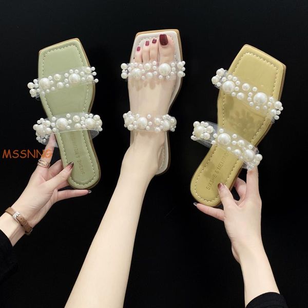 

slippers women's sandals 2021 summer women pearl female rhinestone thong beach shoes flat heels, Black