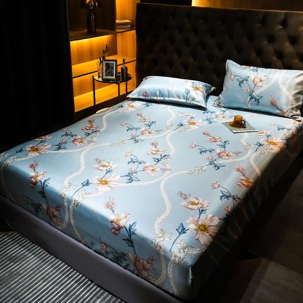

sheets & sets light luxury flower-printed summer bed sheet ice silk mat three-piece set,machine washable, all-inclusive non-slip cool