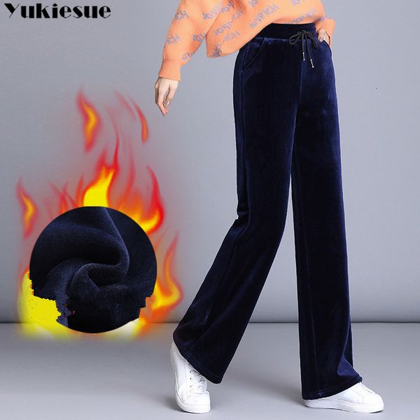 

jeans women autumn winter women's high elastic waist velvet pants elegant wide leg workwear trousers female casual straight a1ec, Blue