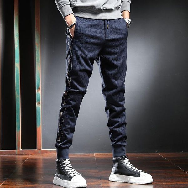 

men's pants fashion printed sport casual men korean streetwear dark blue drawstring joggers trousers, Black