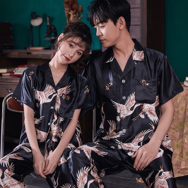 

summer sleepwear womens couple pajamas pijamas women satin pyjama woman long sleeve silk pyjama set home suit men pajamas set, Black;red