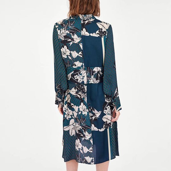 

2019 spring women vintage knee length dress print long sleeve sashes dress loose dot patchwork fashion dress, Black;gray