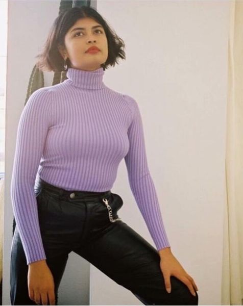 

2019 autumn striped line knitting turtleneck sweater retro high collar long sleeve stretch slim women jumper base knitwear, White;black