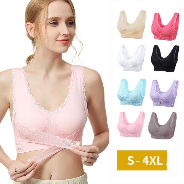 

gym clothing women bra push up bralette lingerie front cross side buckle lace gathered sports shockproof underwear plus size, White;black