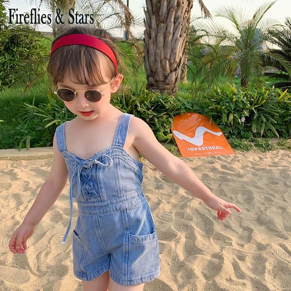

jumpsuits summer girls denim overall baby one piece kids children clothes fashion center lacing coul side pocket 1 to 7 yrs, Blue