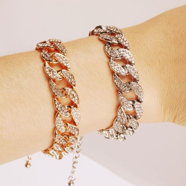 

link, chain trendy luxury cuban link bracelet for women men gold silver color paved rhinestone jewelry, Black