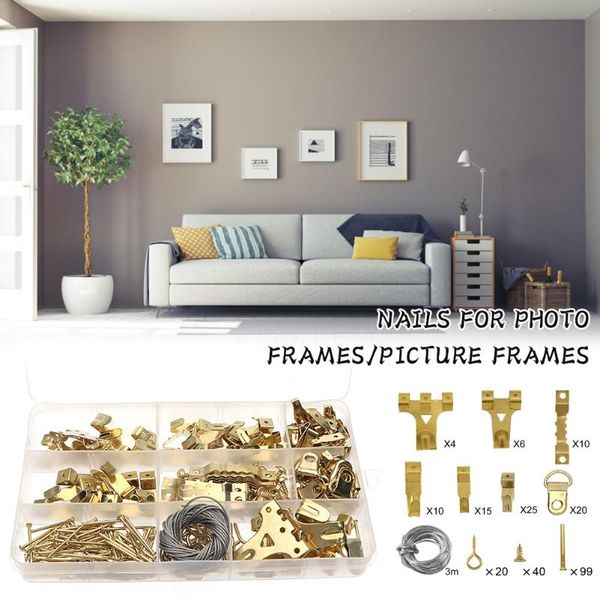 

hooks & rails 250pcs picture hanging kit gold frame hanger tool wire, hooks, nails and level for marking position