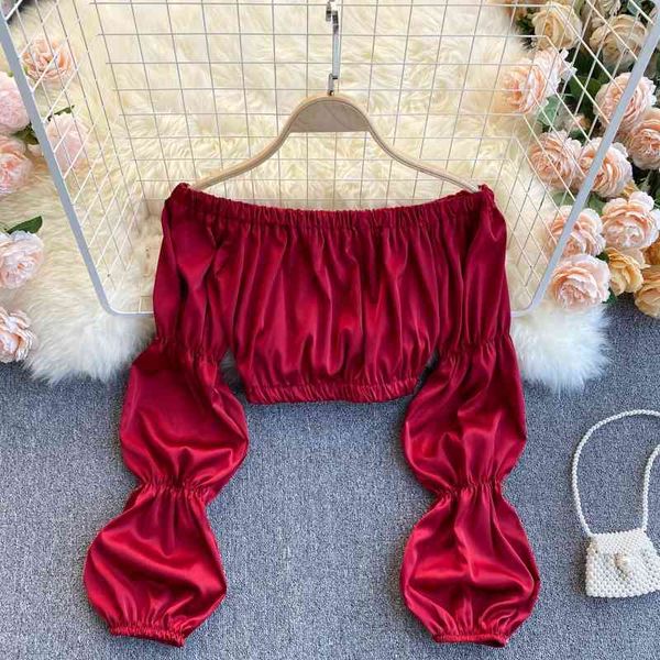 

women's knits & tees fashion holiday beach off shoulder ruffles puff sleeve slim crop women blouses vintage satin full sh, White