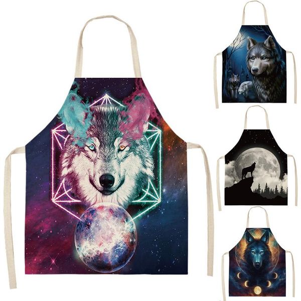 

aprons wolf printed kitchen apron for woman cotton linen bib 66x47cm home cooking baking cleaning tool