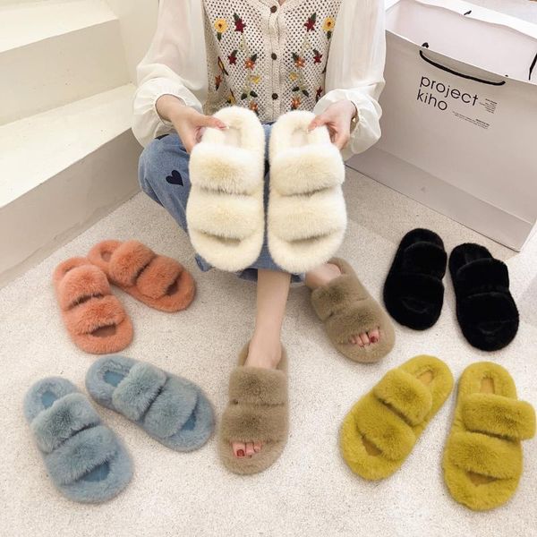

slippers women's shoes woolen 2021 autumn winter flat bottomed one-line indoor warm women, Black