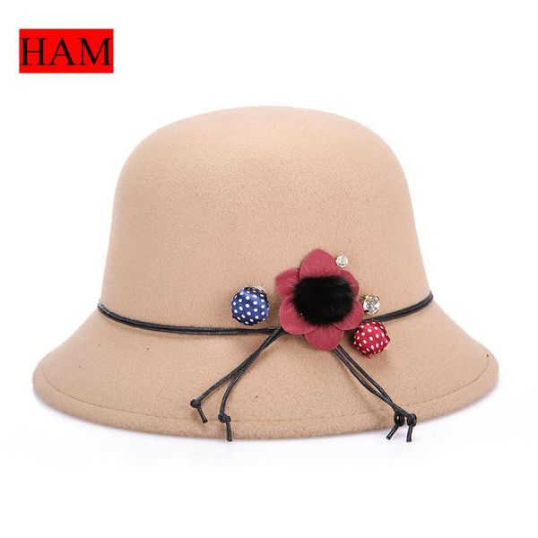 

stingy brim hats 5 colours woolen warm hat female fashion dome flowers fisherman lady basin 57cm adjustable bowler caps, Blue;gray