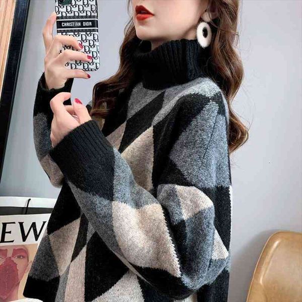 

womenn sweater pullover high neck diamond stitching sweater thick loose korean knit outer wear winter trend, White;black