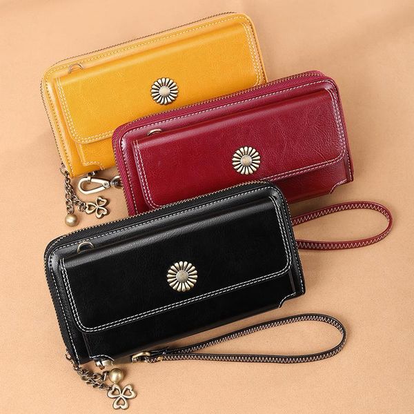 

wallets genuine leather ladies wallet korean zipper multifunctional long clutch fashion mobile phone bag women, Red;black