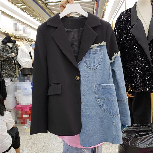 

2021 spring new women stitching denim jacket loose casual ladies office coat contrasting color design suits outwear, Black;brown