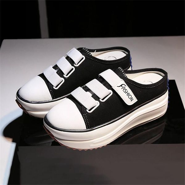 

retro black canvas platform wedge mules shoes elegant women closed toe gear non-slip slippers designer leisure increase sandals
