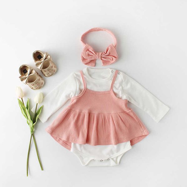 Spring Toddler Baby Girl Clothes 3 pezzi set manica lunga in cotone bianco tuta cinturino vestito e fascia baby set ragazza nata 210713