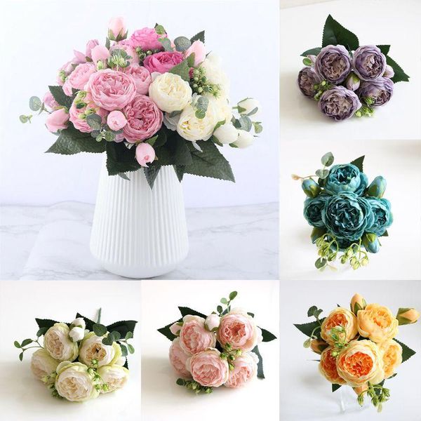 

30cm rose pink silk bouquet peony artificial flowers 5 big heads 4 small bud bride wedding home decoration fake flowers faux 1pc