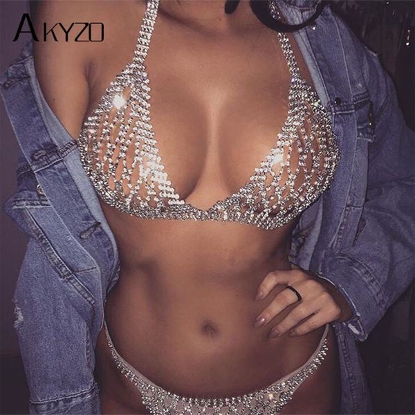 

akyzo summer luxury rhinestone crop shining fashion handmade metal adjustable chains backless vest beach tank 210308, Black