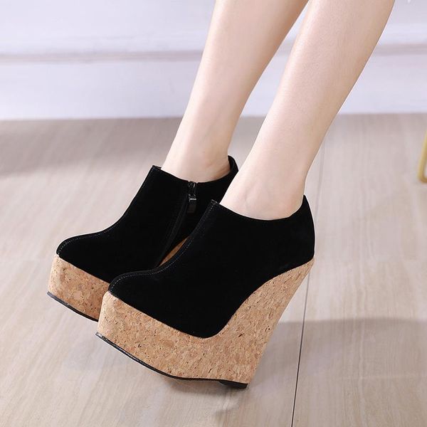 

dress shoes spring fall flock high heel lady casual wedges women leisure platform slip on footwear plus big size ymb21, Black