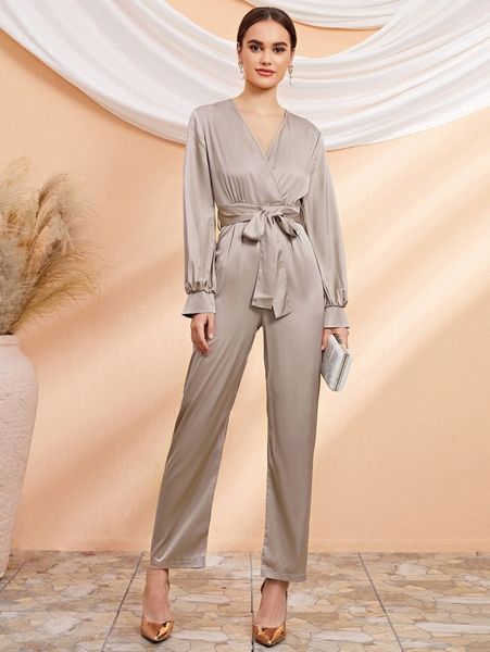 

solid wrap neck belted satin jumpsuit k71b#, White