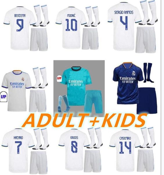 

mens + kids kit with socks soccer jerseys 2021 2022 real madrid boys suit football shirts child 21 22 home away third benzema hazard sergio, Black