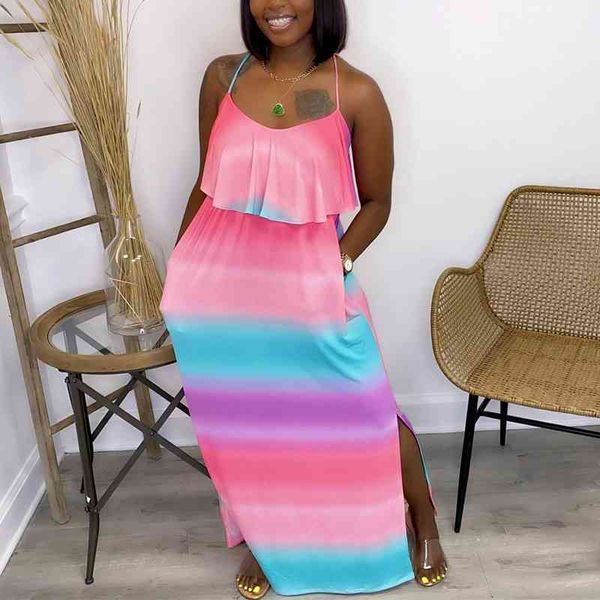 

women multi color printed ruffle design slit maxi dress 210702, Black;gray