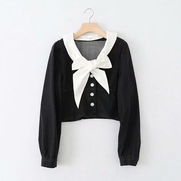 

new 2021 sweet bow tie denim blouses women jeans two piece set high waist skirt fashion co87, White