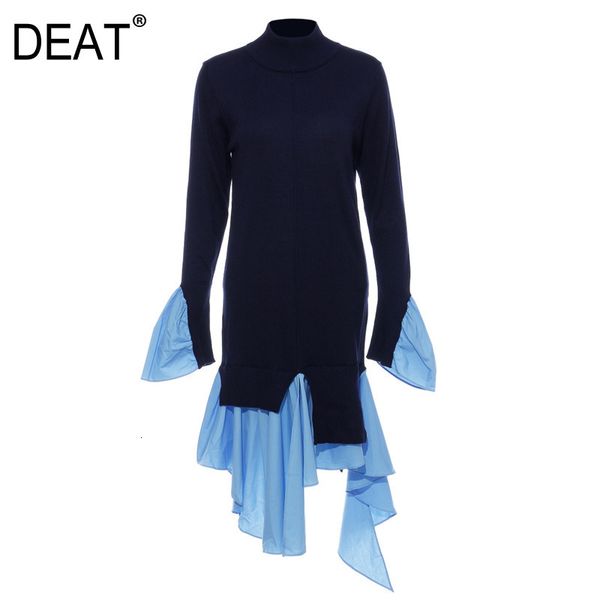 

[deat] loose fashion splicing long sleeve knee-length high waist irregular collar hem dress 2021 new spring nr56, Black;gray