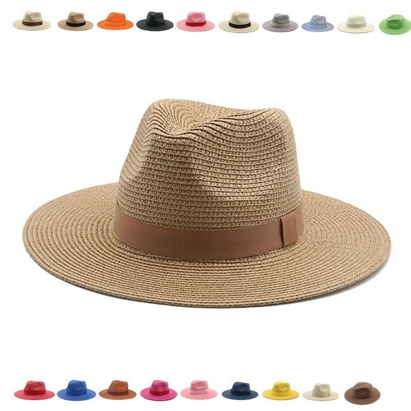 

wide brim hats for women bucket khaki ribbon band men straw summer panama formal outdoor party picnic sun ombreros de mujer, Blue;gray