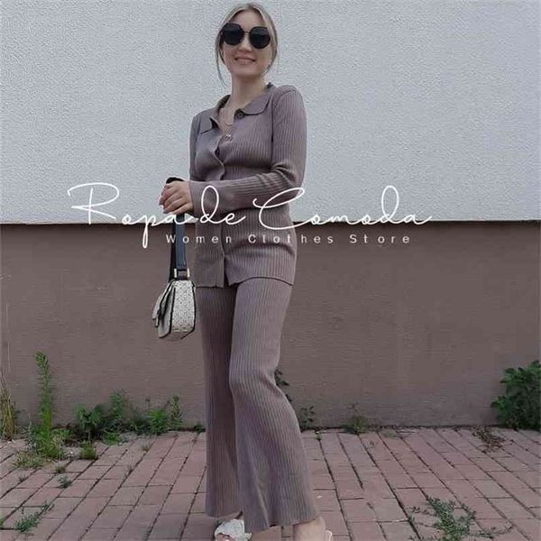 

sweater solid color suit matching sets oversize fleece pants roll collar knitted flare sleeve spring summer 210914, White;black