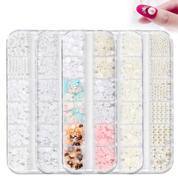 

nail art decorations 1 case mix size white pearls for 3d decoration mermaid ab beads studs rhinestones charms jewelry accessories wy140, Silver;gold