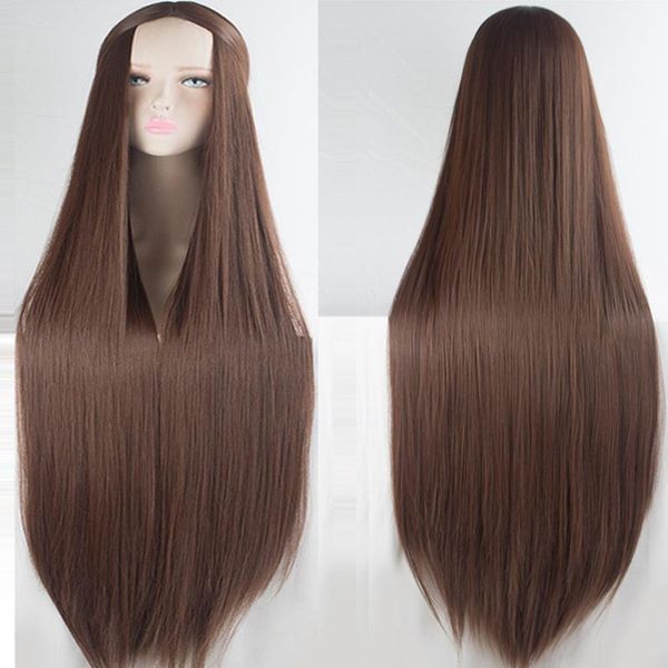 

synthetic wigs dianqi 100cm long straight cosplay brown wig middle part for women daily use hair, Black