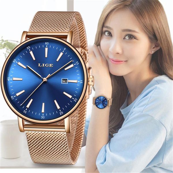 

wristwatches lige summer dress fashion blue quartz watch lady full steel band casual waterproof wristwatch gift for wife, Slivery;brown
