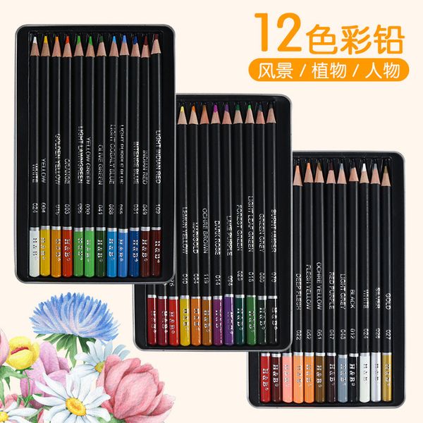 

color 12 painting pencil set figure landscape plant oily lead iron box, Black;red