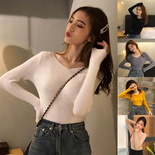 

11 color candy color t shirt women pullovers autumn long sleeve t shirt women v neck knitwear slim women crop tees, Gray