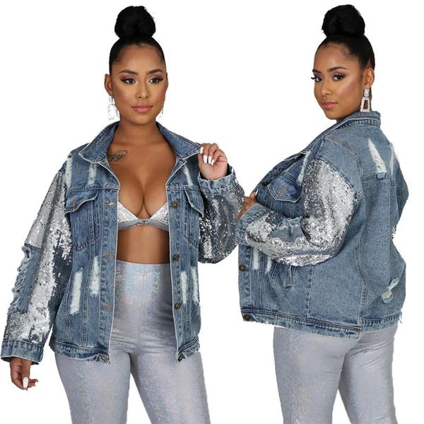

women's jackets biker style oversized denim hipster turn down collar long sleeve outwear hip hop sequin spliced boyfriend coat, Black;brown