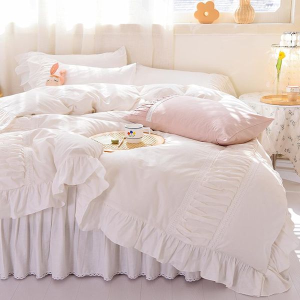 

bedding sets korean-style white set pure cotton princess bed skirt girl quilt cover light luxury pillowcase full king  4 pcs