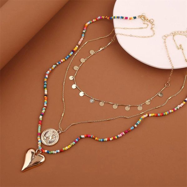 

pendant necklaces bohemian rice bead coin multilayer necklace female japan and south korea trend sweet fashion love accessories, Silver