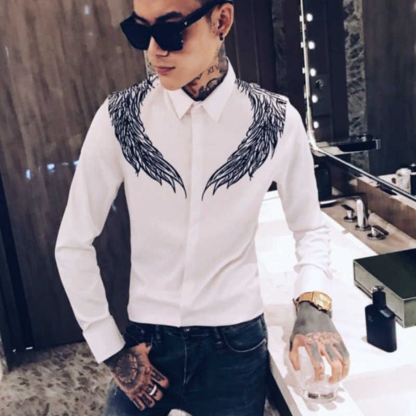 

autumn mens shirts casual slim fit long sleeve shirt wing print black white shirt streetwear social dress shirts camisa 210527, White;black