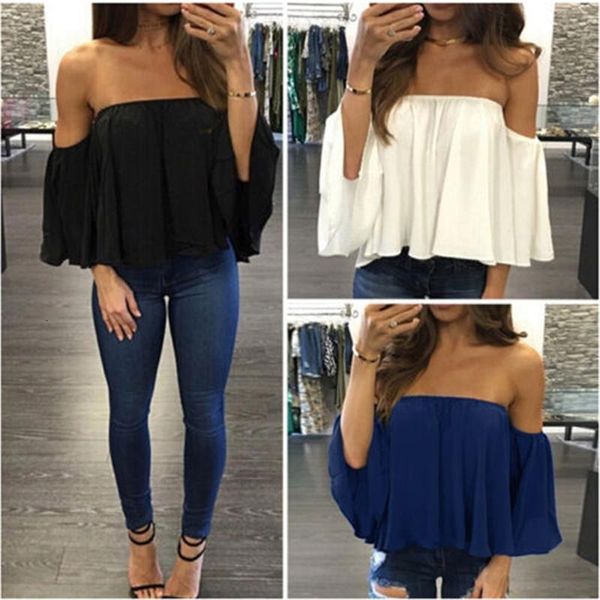 

women casual boho off shoulder shirt summer crop chiffon shirt trumpet sleeves applique female harajuku elegant blouse, White