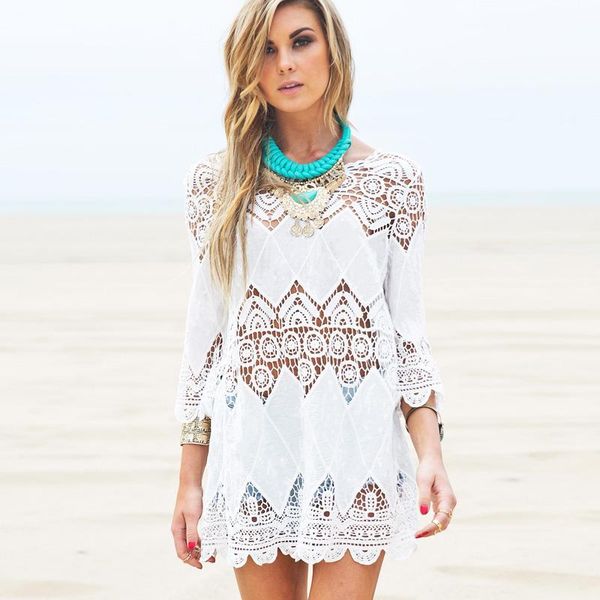 

european fashion vintage hollow long lace blouse women shirt 3/4 sleeve crochet white lace summer women blouses 2021