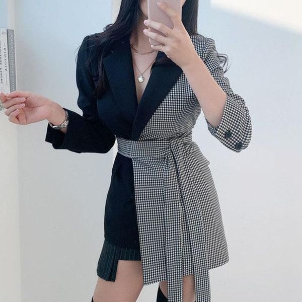 

women's suits & blazers [ewq] retro temperament women lapel plaid spliced bandage collect waist thin irregular suit jacket autumn winte, White;black