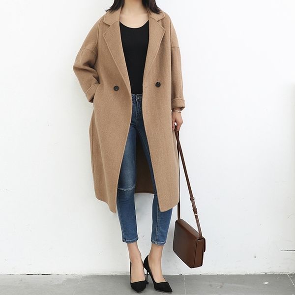 

fashion long single button double wool coat women soild winter jacket loose autumn wholesale price 201102, Black