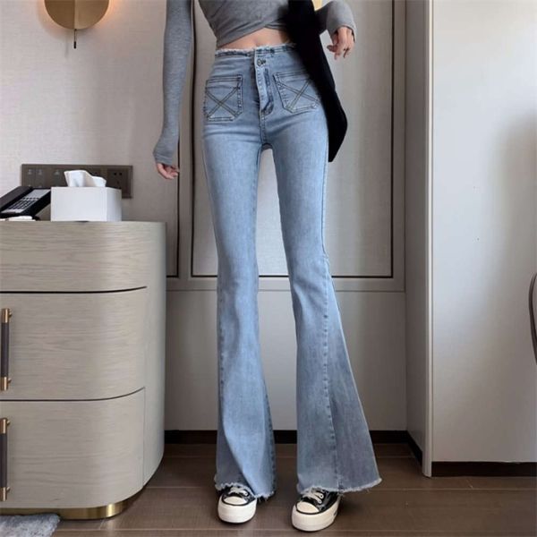 

denim pants summer thin small high waist burr double pocket micro horn, Blue