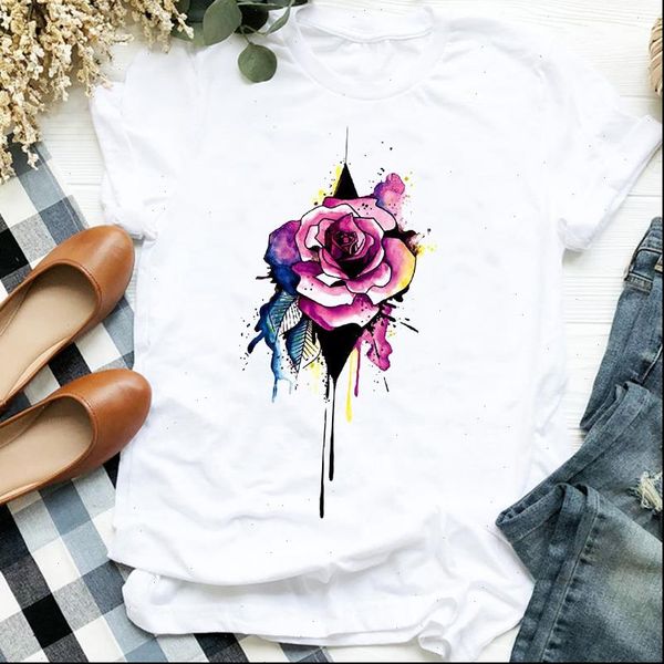 

women t shirts lady watercolor flower 90s cute fashion shirt tee womens clothes tshirt for female graphic, White