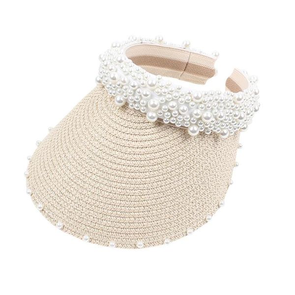 

wide brim hats summer women pearl headband hat raffia visor caps for girls beach braided fashion cap lady straw sun, Blue;gray