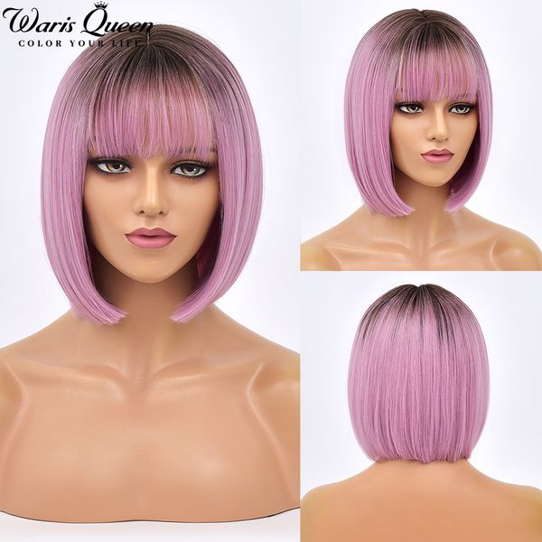 

short bob wig ombre pink straight synthetic wigs for women with bangs for natural hiar cosplay lolitaparty hair perruque peluca, Black