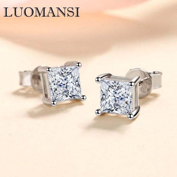 

stud luomansi s925 silver real 0.5 / 1ct square moissanite earrings passed diamond test women's wedding jewelry party birthday gift, Golden;silver